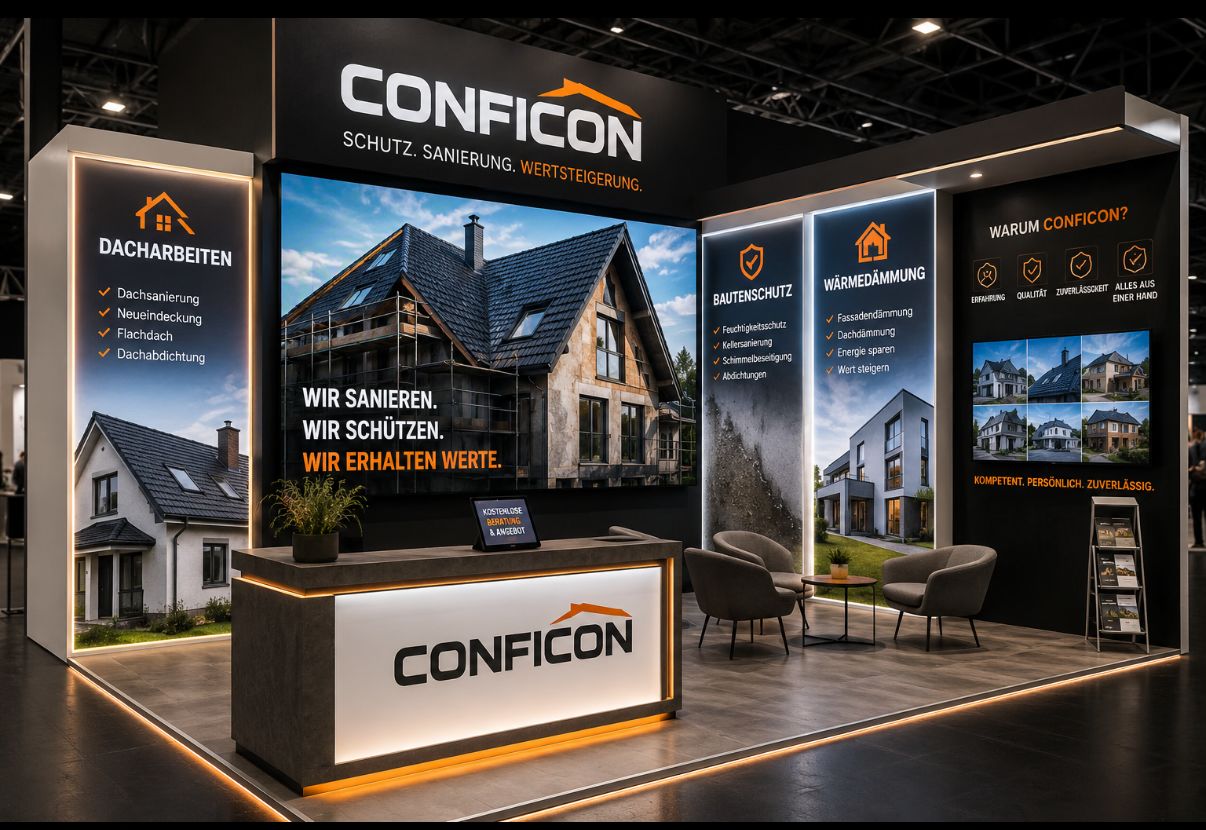 Der CONFICON-Messestand mit beleuchteter Beratungstheke, Referenzwänden und Übersicht der Gewerke